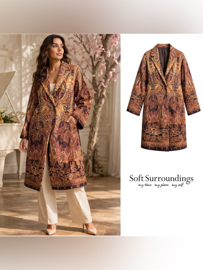New Soft Surroundings Paisley Coat In Rust, Plum & Olive